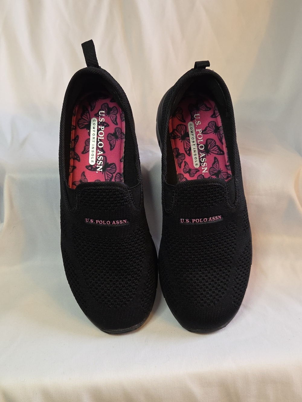 U.S. Polo Assn. Black Knit Slip-On Sneakers with Pink Butterfly Insole
